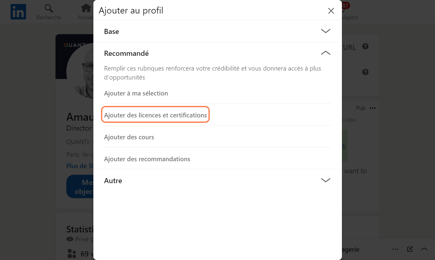 Cliquez sur "Ajouter des licences et certifications"
