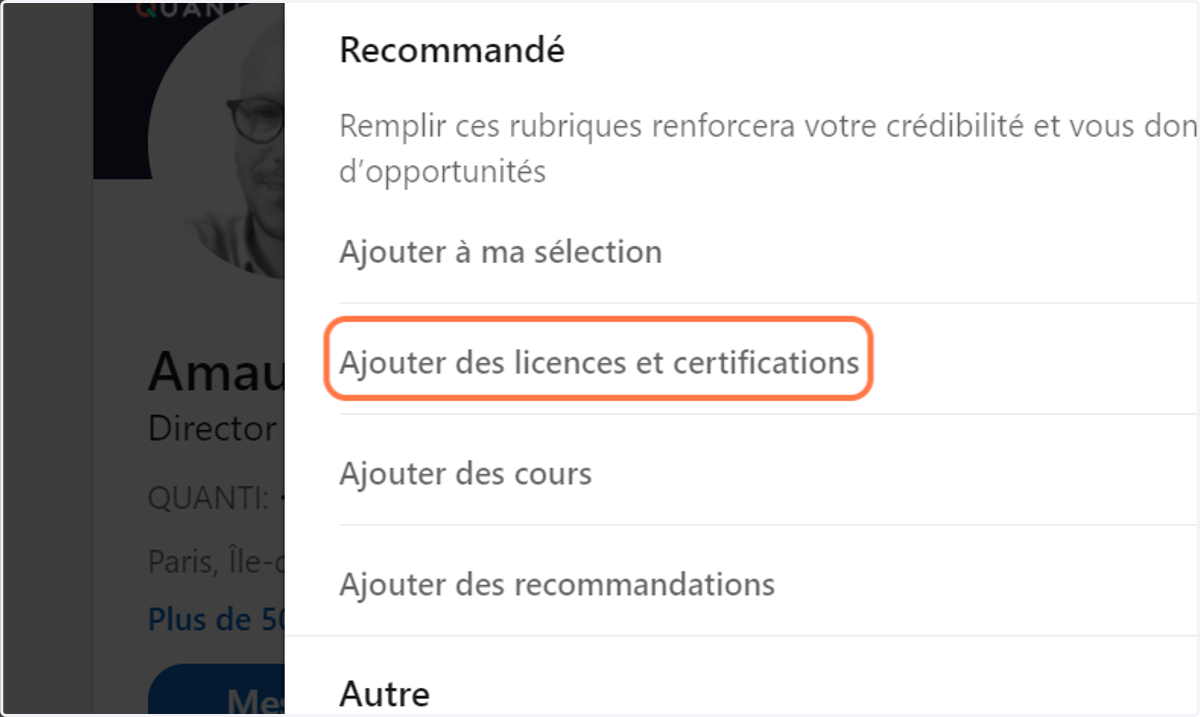 Cliquez sur "Ajouter des licences et certifications"