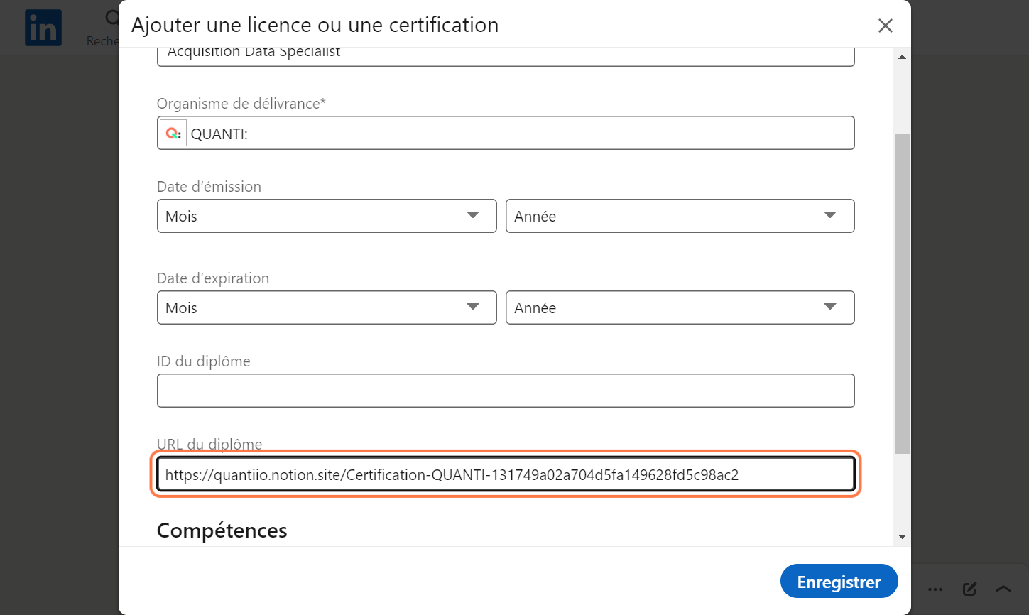 Collez le lien https://quantiio.notion.site/Certification-QUANTI-131749a02a704d5fa149628fd5c98ac2