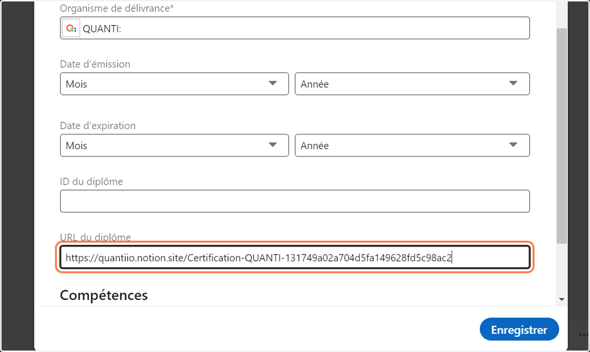 Collez le lien https://quantiio.notion.site/Certification-QUANTI-131749a02a704d5fa149628fd5c98ac2