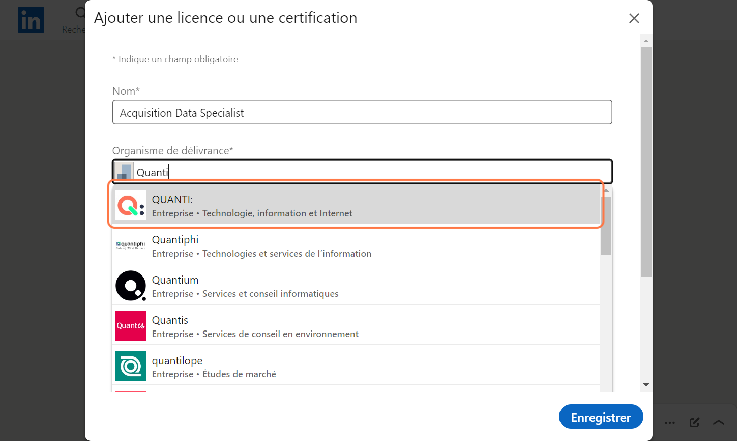 sélectionnez la page QUANTI: proposée