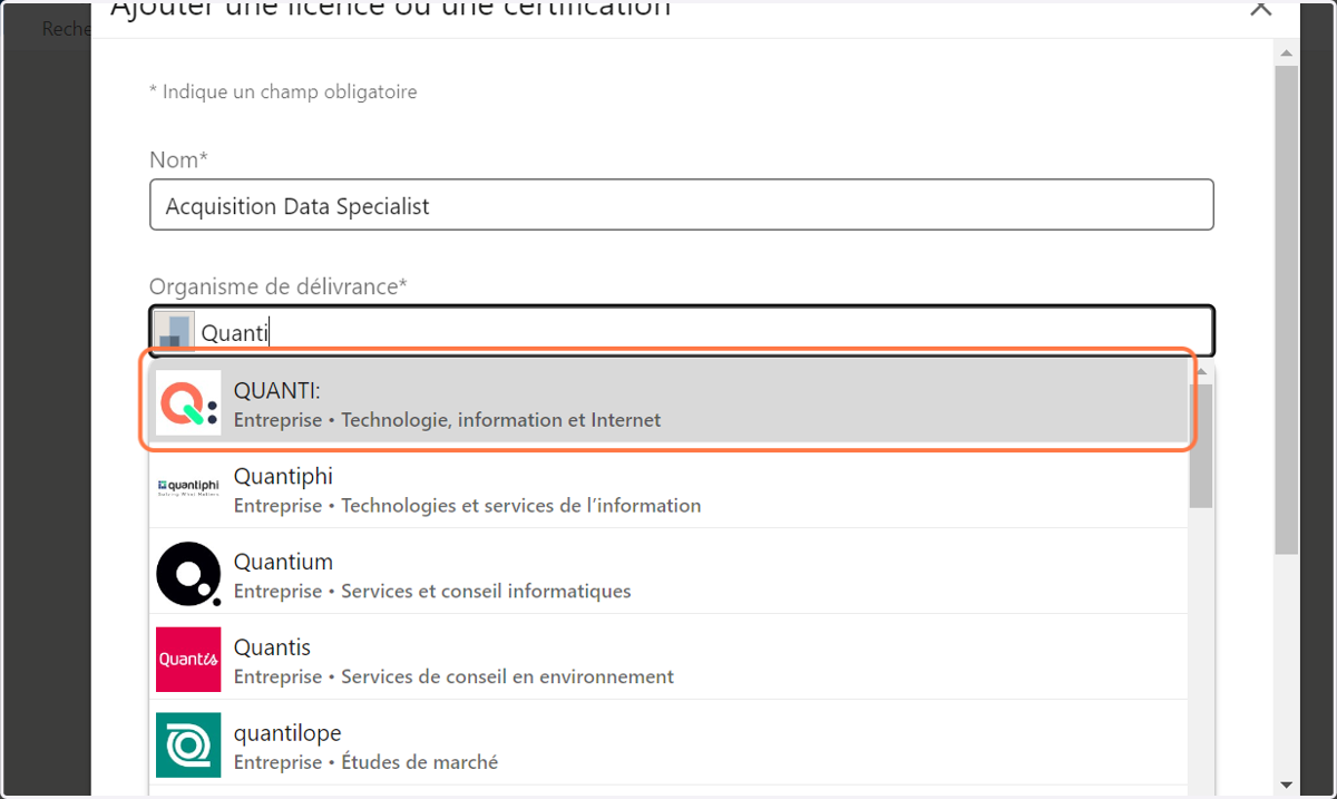 sélectionnez la page QUANTI: proposée