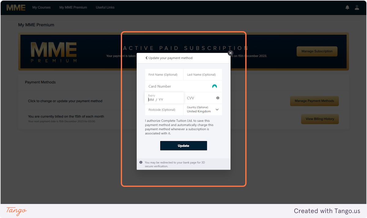 Update your payment details and then click update
