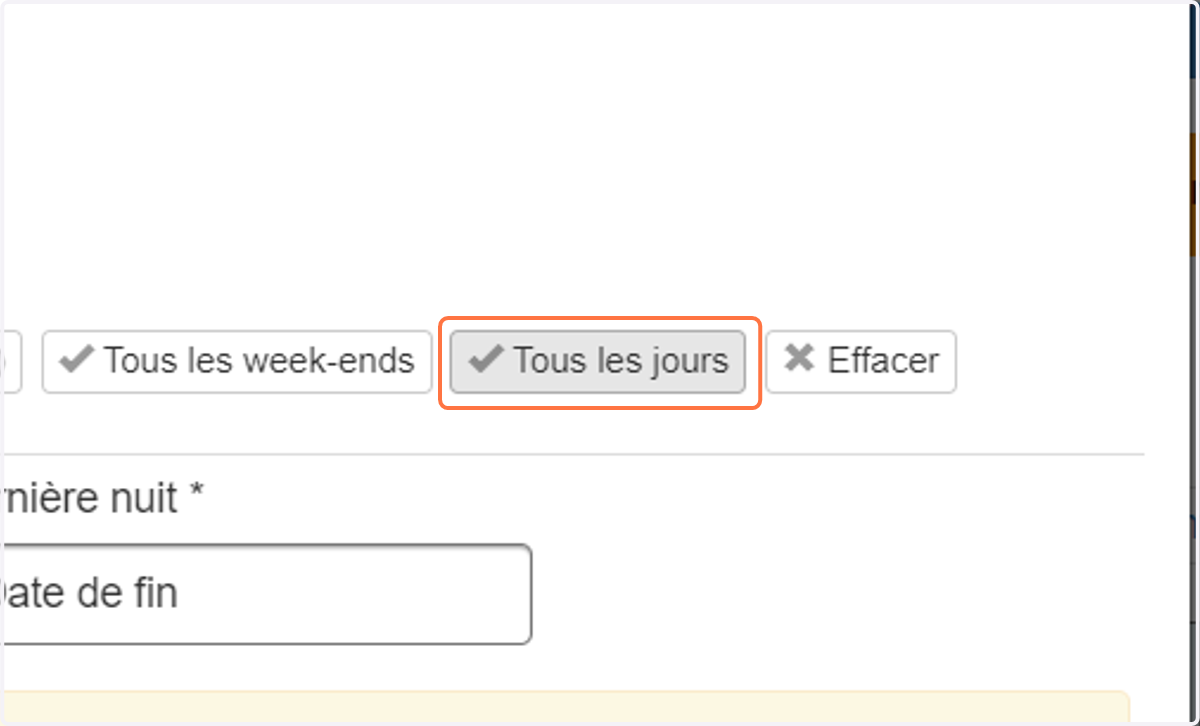 Cliquez d'abord sur les jours où les cients peuvent rester sur place