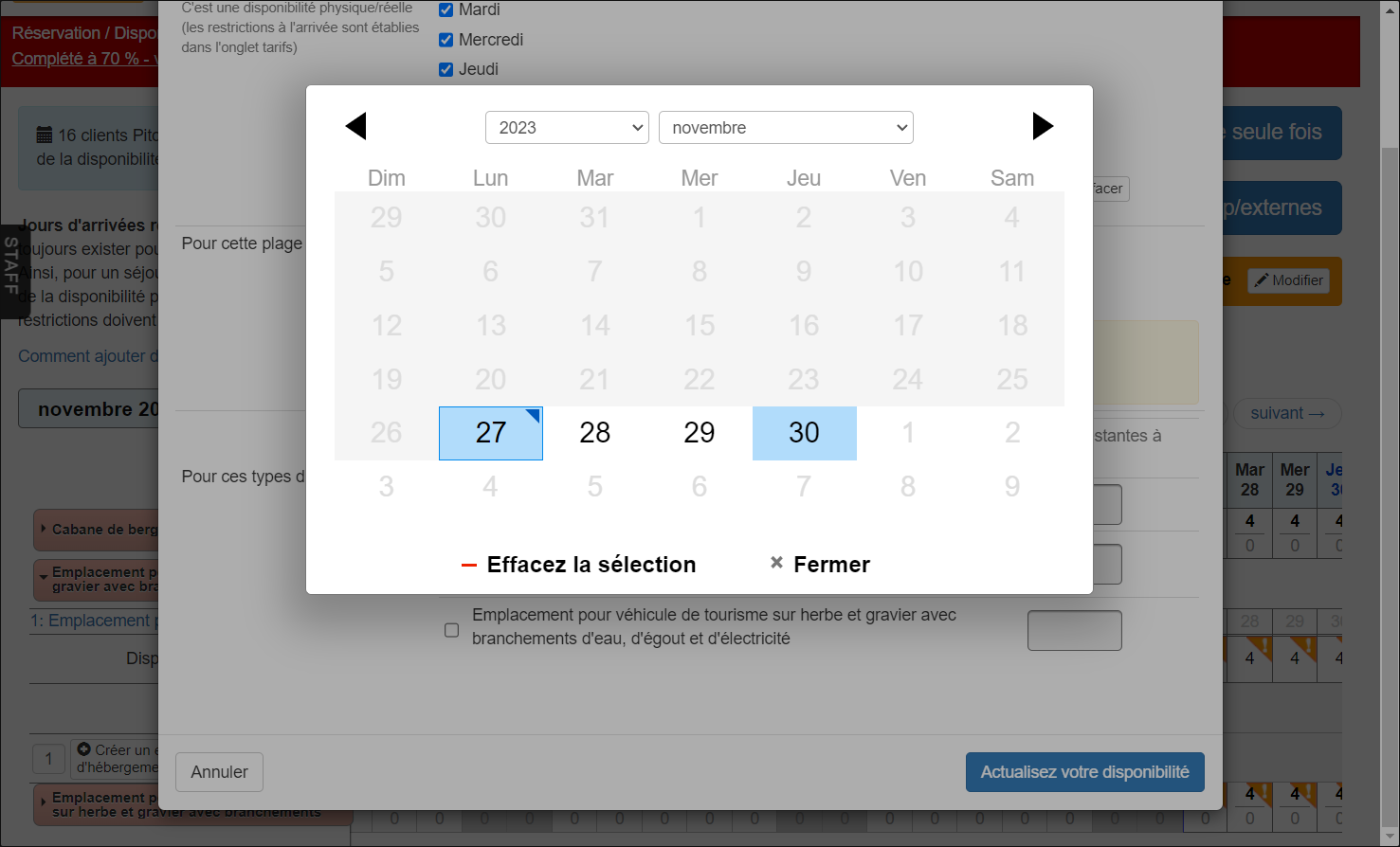 Utilisez les flèches ou les menus déroulants sur le calendrier pour trouver les bonnes dates