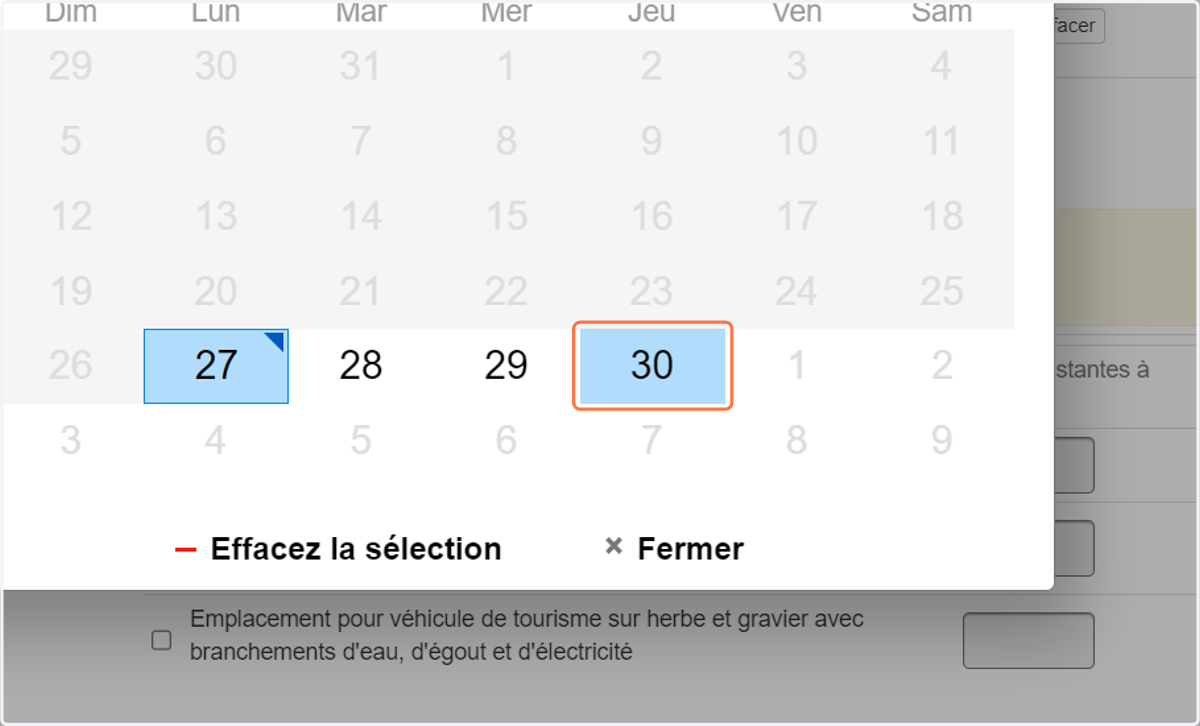 Utilisez les flèches ou les menus déroulants sur le calendrier pour trouver les bonnes dates
