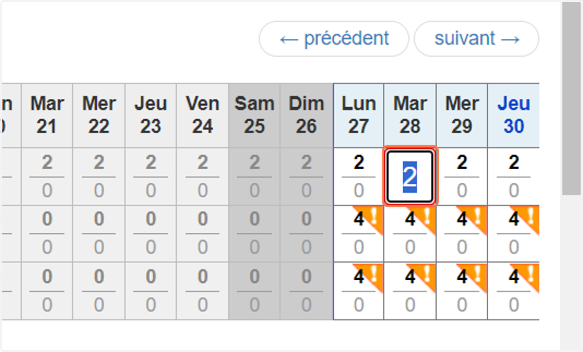 Sinon, vous pouvez mettre à jour des jours individuels en saisissant directement dans le tableau sur l'onglet Disponibilité