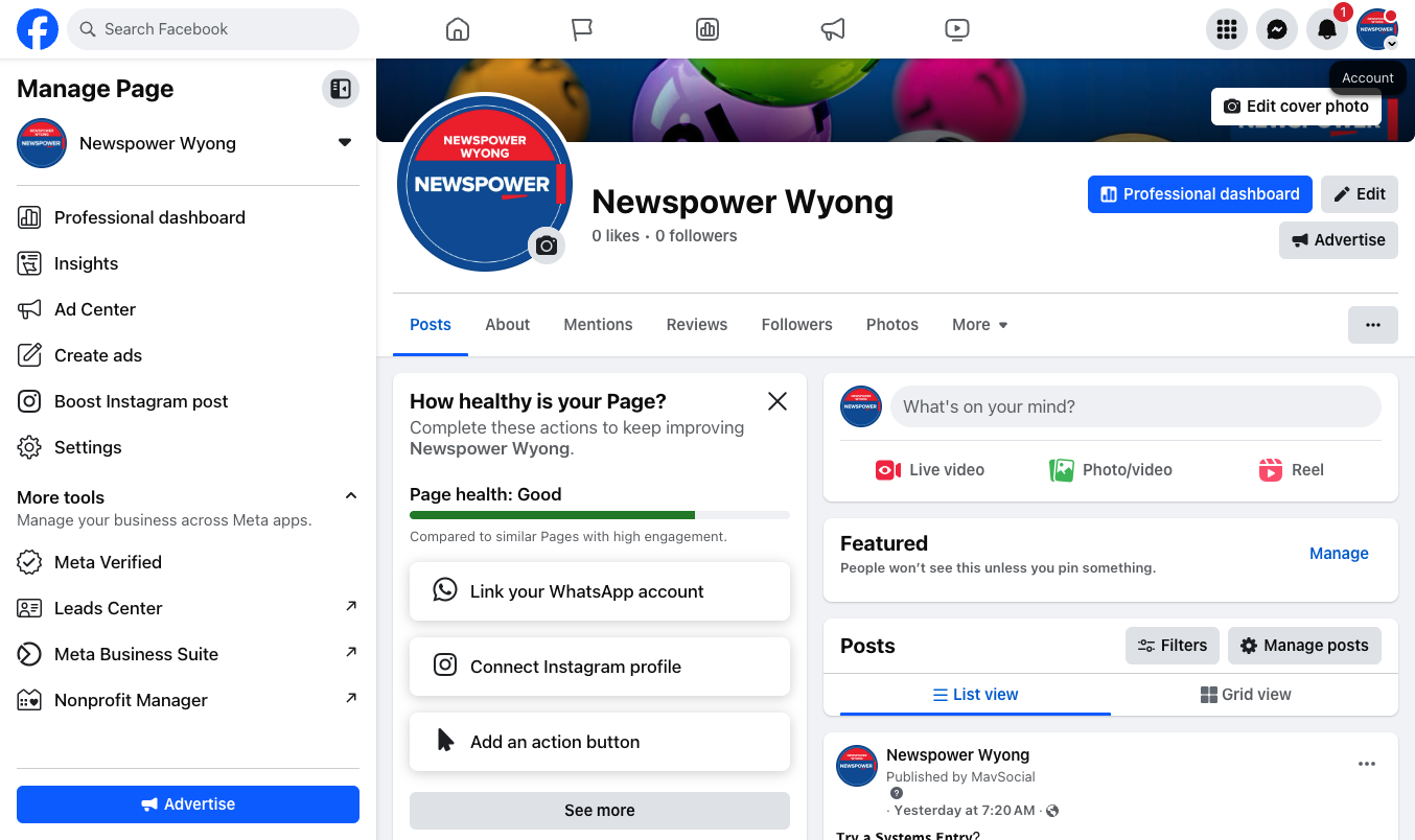 To revert back to your personal page click your business page profile in the top right corner.
