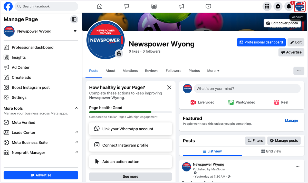 To revert back to your personal page click your business page profile in the top right corner.