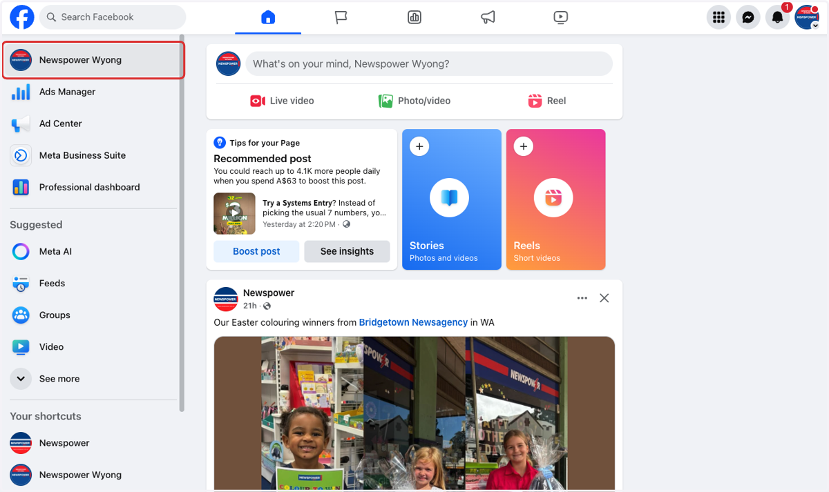 Click on you business page name in the top left corner.