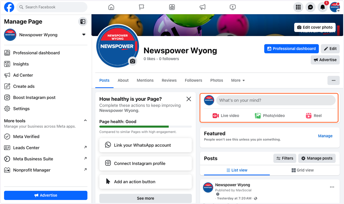 Here is where you can create a post for your page.