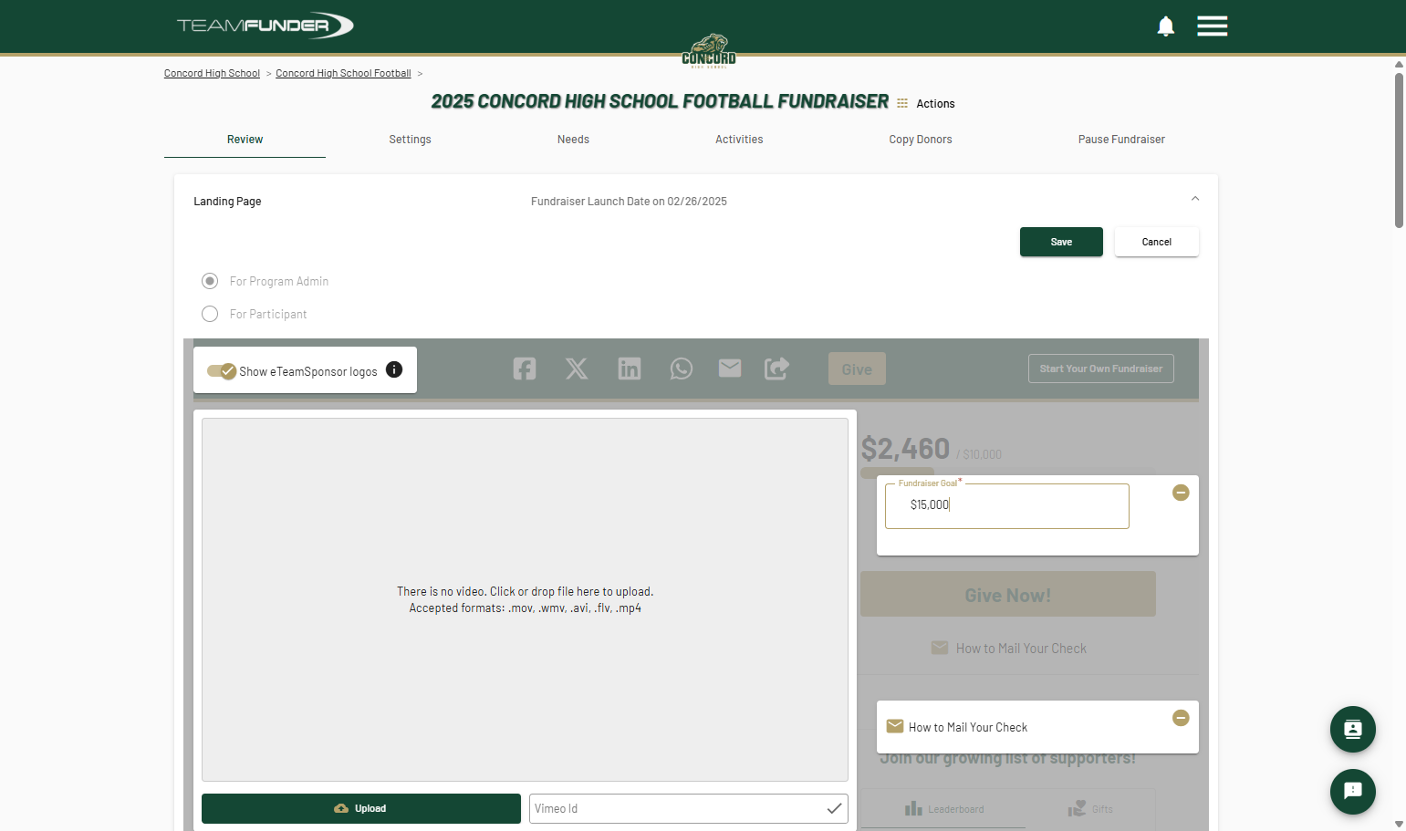 Type in desired campaign/fundraiser goal
