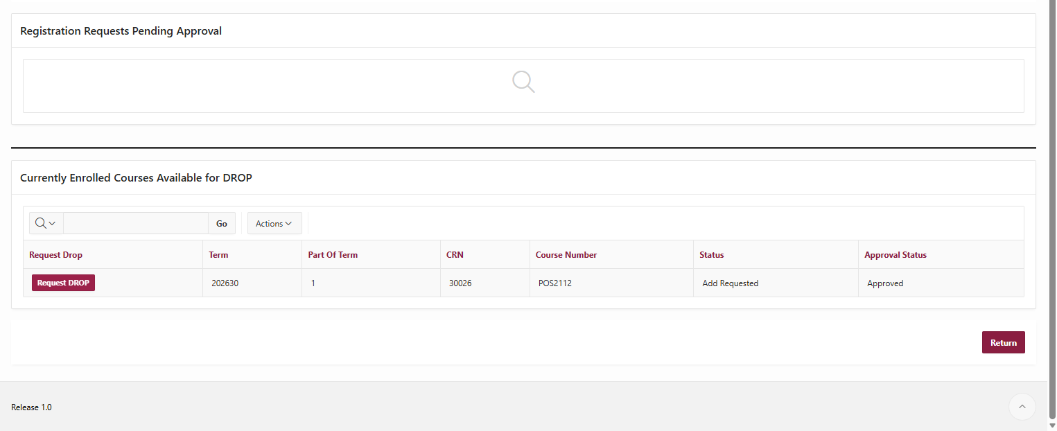 Scroll down to the “Currently Enrolled Courses Available for Drop” section.