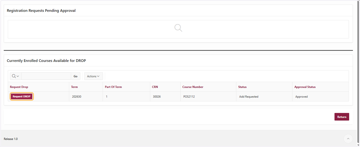 Scroll down to the “Currently Enrolled Courses Available for Drop” section.
