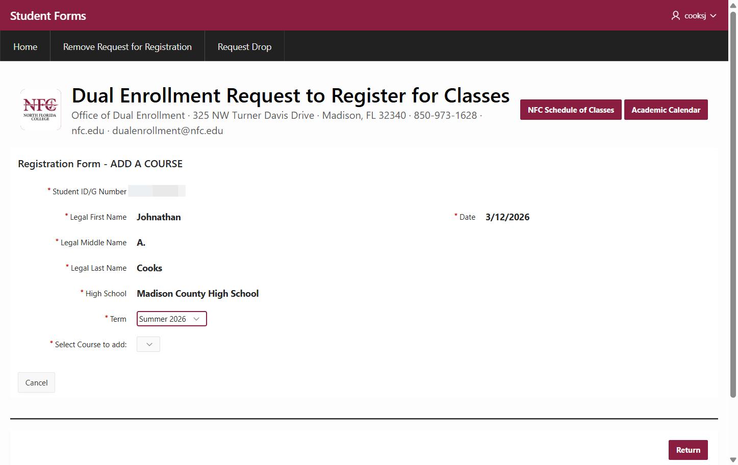 Using the dropdown box, choose the term you want to take classes in.