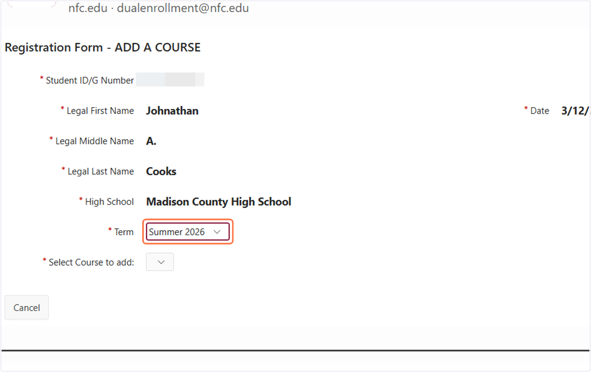 Using the dropdown box, choose the term you want to take classes in.
