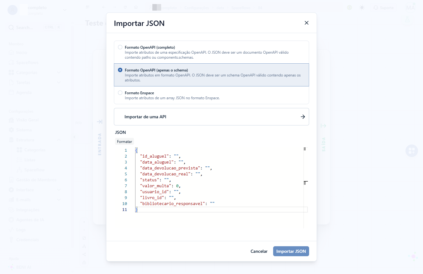 Clique em Importar JSON