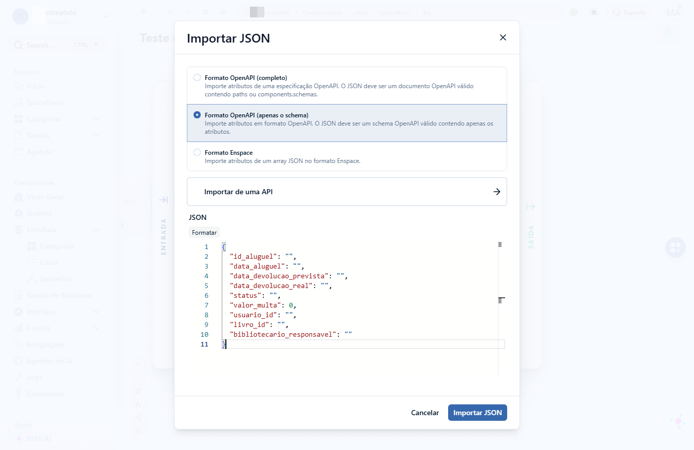 Neste caso, cole o código JSON que contenha apenas os atributos