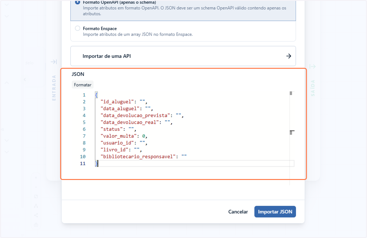 Neste caso, cole o código JSON que contenha apenas os atributos