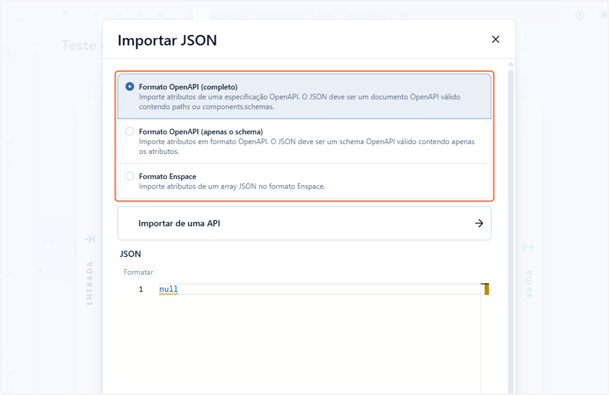 Você verá 3 opções manuais para definir o formato de importação do seu JSON
