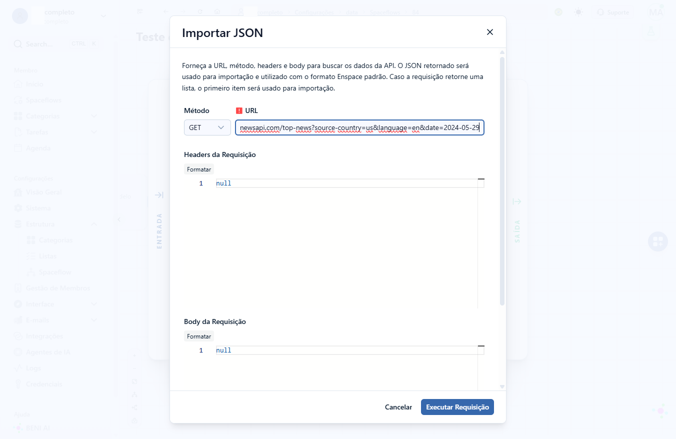 Em seguida, insira a URL da API que deseja extrair