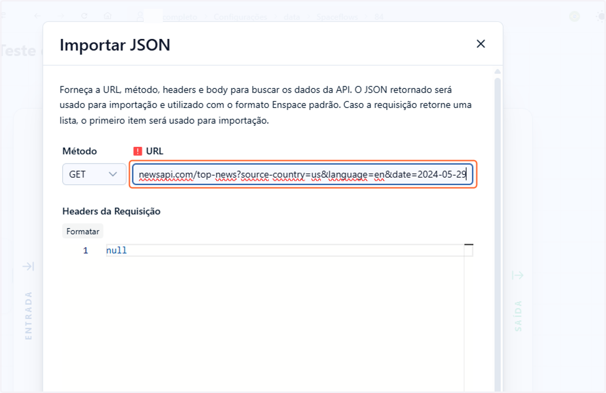 Em seguida, insira a URL da API que deseja extrair