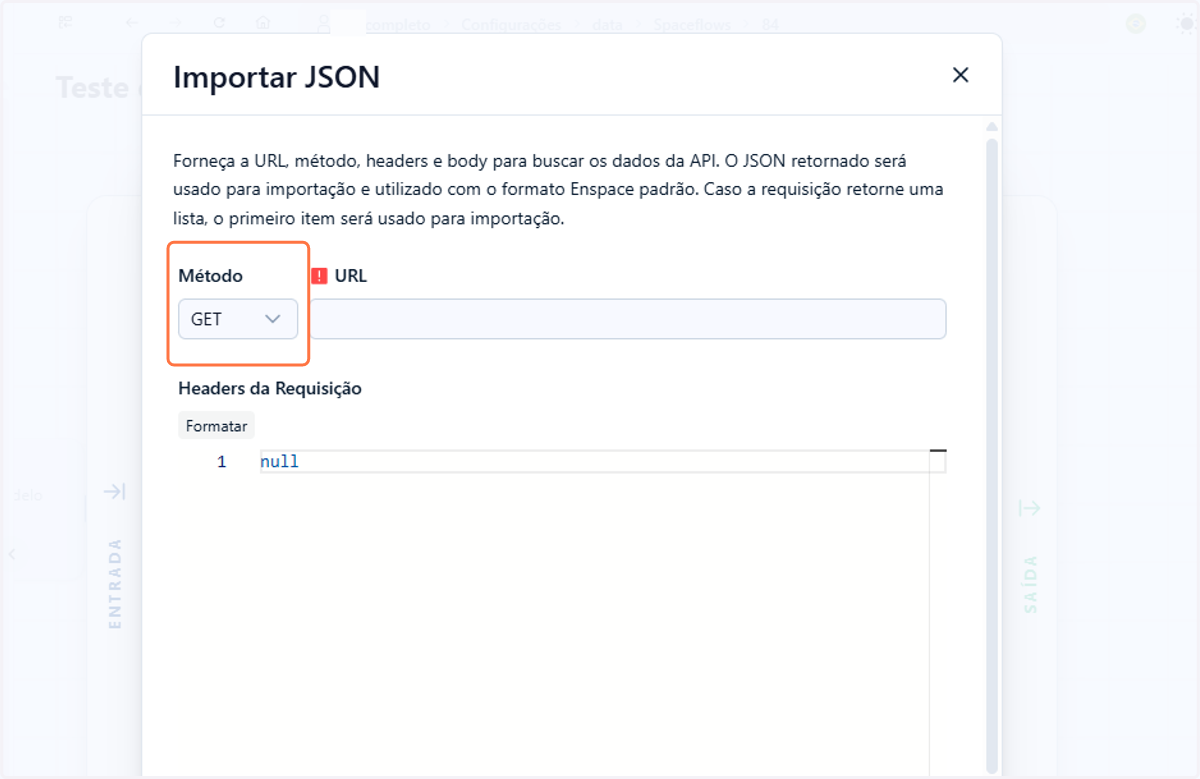 Selecione o método da requisição