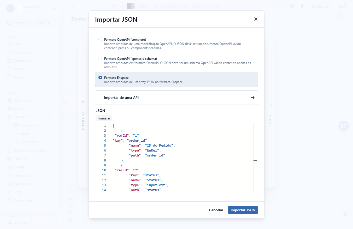 Cole um código array JSON no formato Enspace
