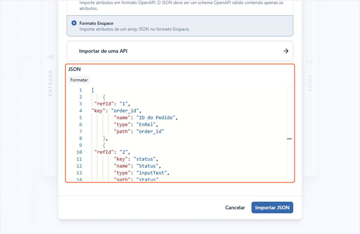 Cole um código array JSON no formato Enspace