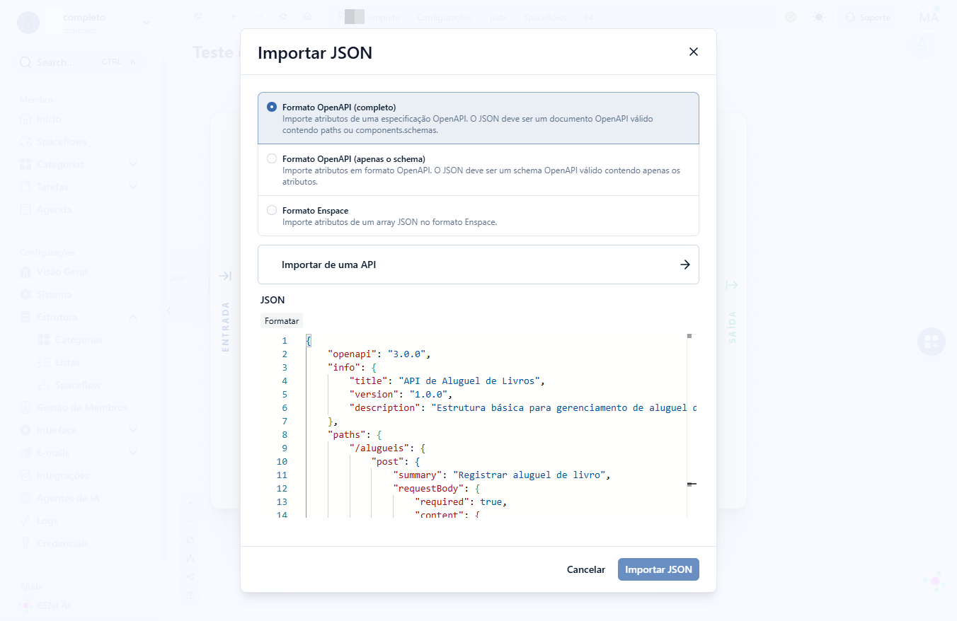 Clique em Importar JSON