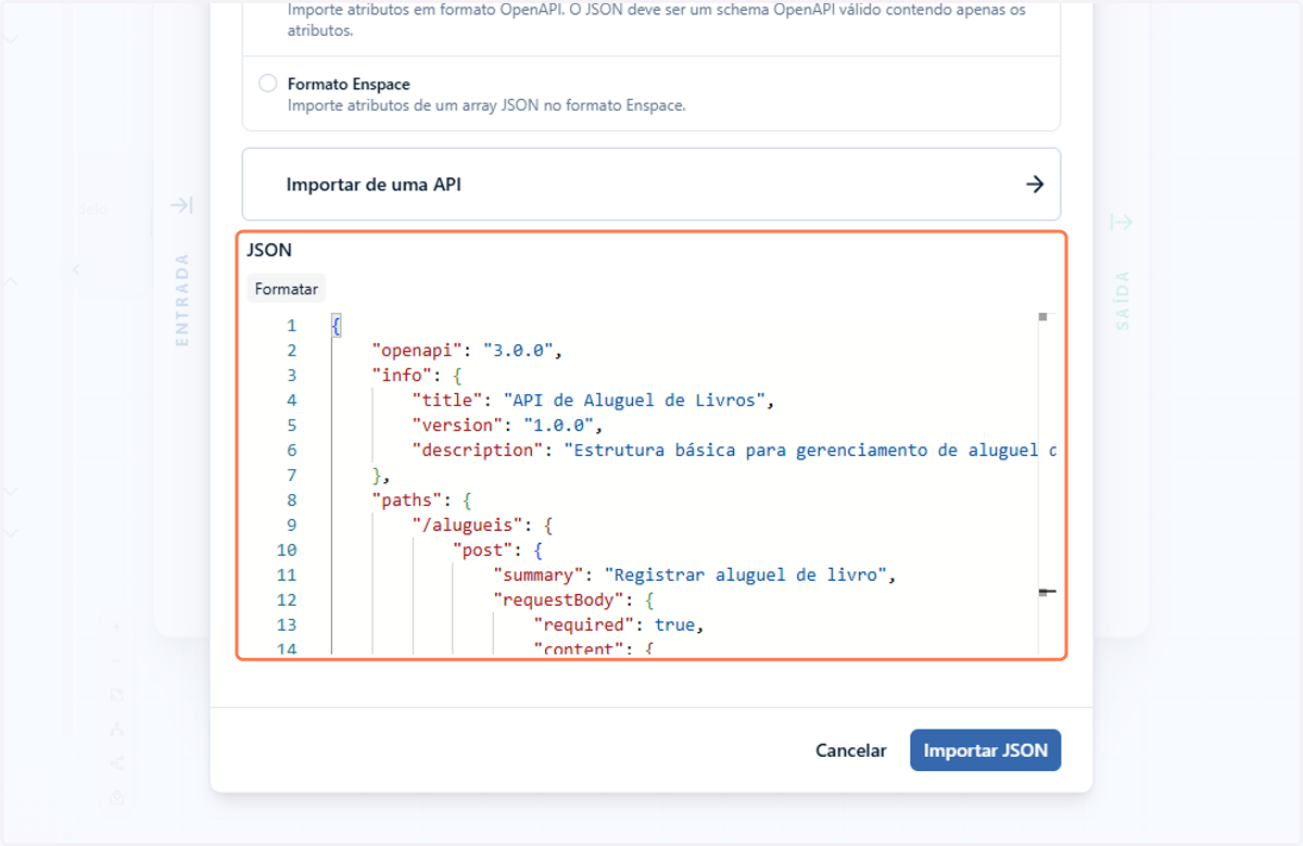 Cole o código JSON no campo dedicado