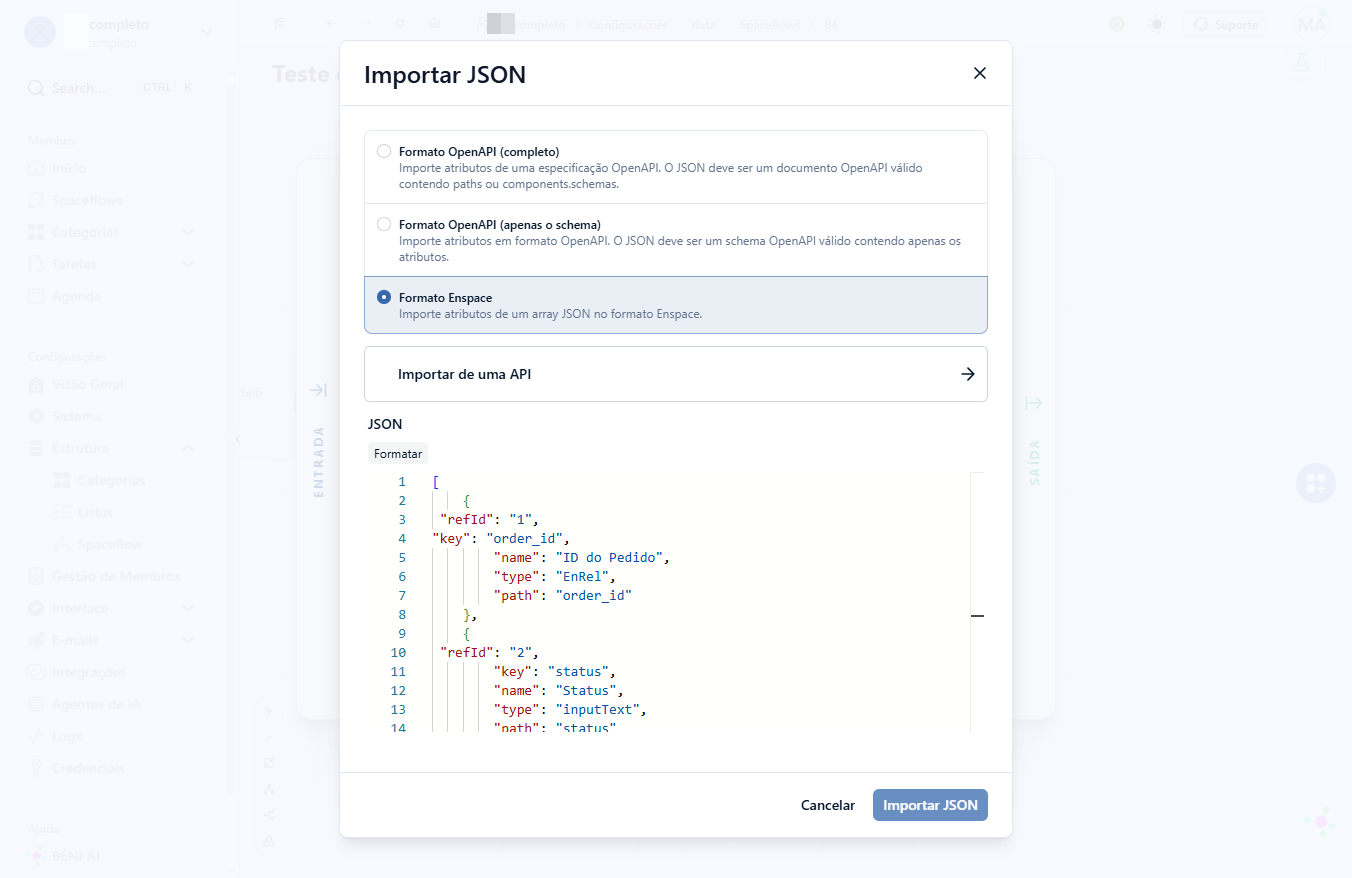 Clique em Importar JSON