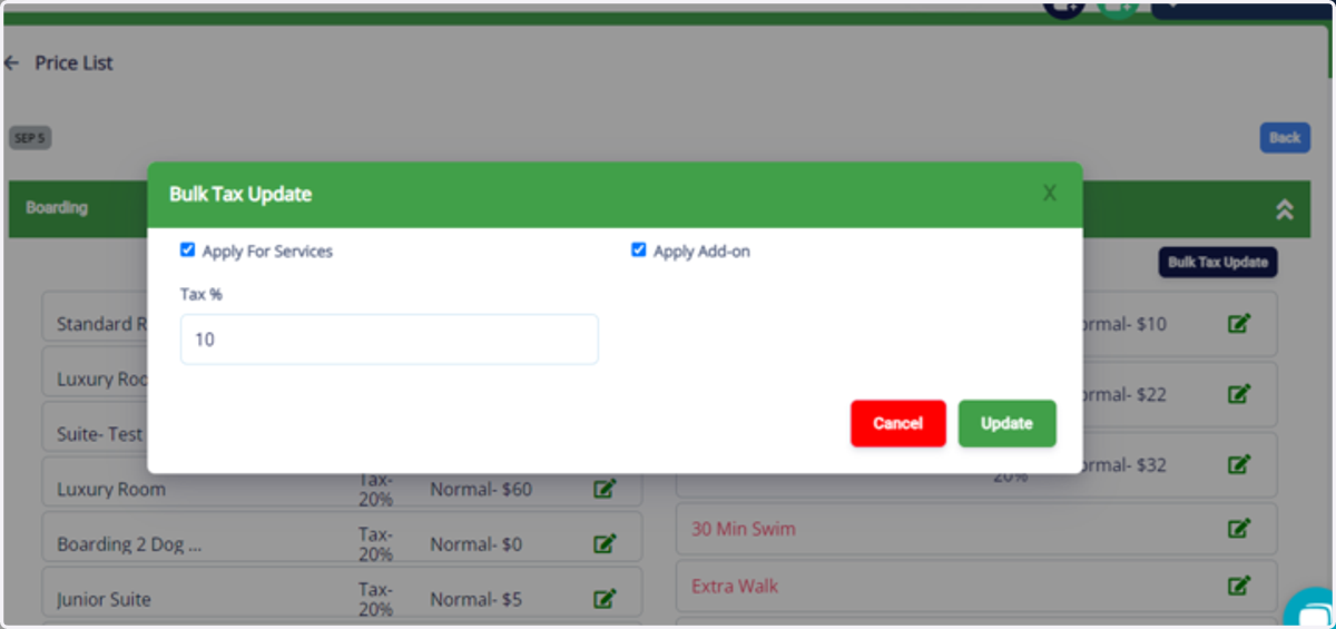 Specify whether services and add-ons are updated together for the chosen service category or whether services only or add-ons only should be updated. Then, enter the tax amount percentage.