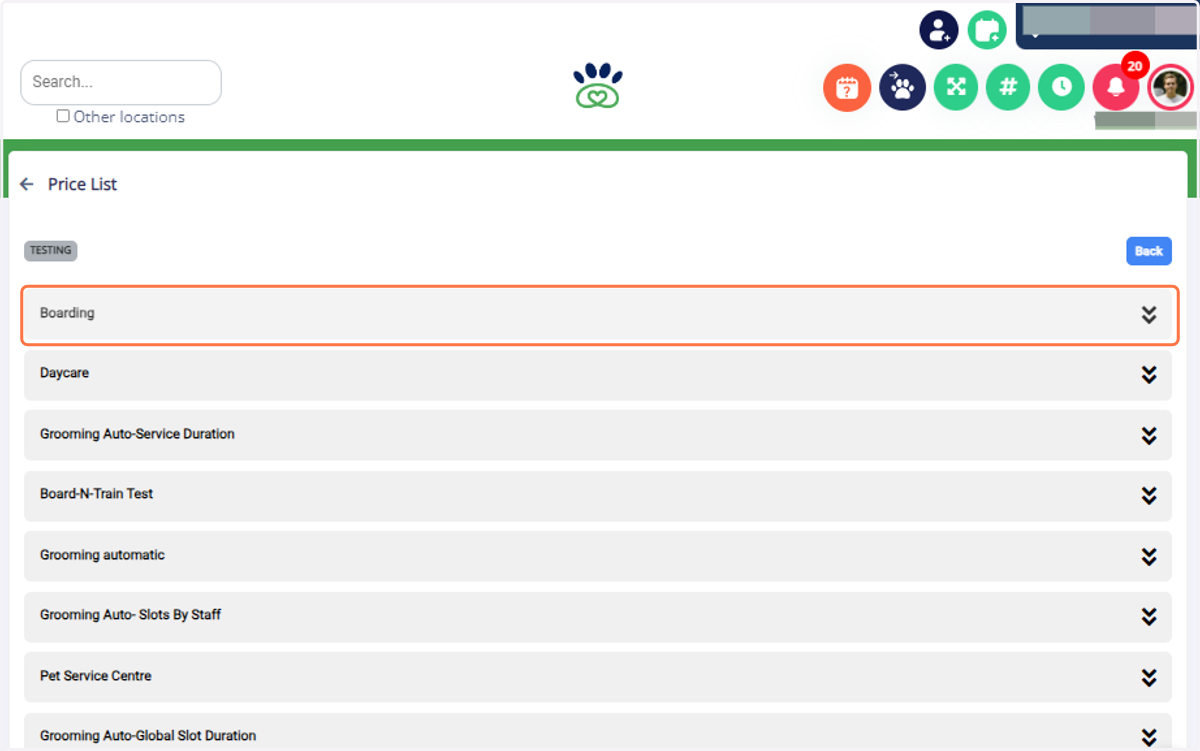 Click on the dropdown arrow next to the service category that you would like to update.