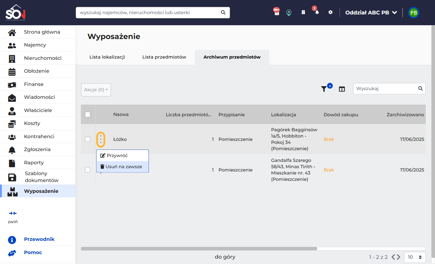 Aby przywrócić lub usunąć przedmiot na zawsze, kliknij trzy kropeczki i wybierz co chcesz zrobić.
