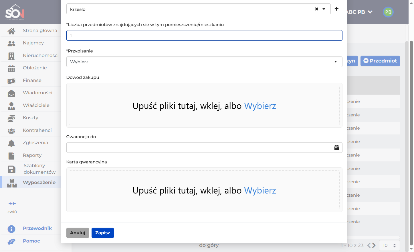 Następnie uzupełnij pozostałe informacje o przedmiocie oraz przypisz odpowiednią nieruchomość (i pomieszczenie) lub ogólny magazyn, a na koniec kliknij ,,zapisz''.