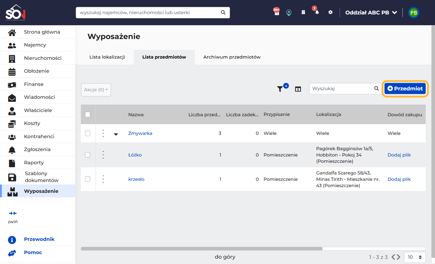 W liście przedmiotów mamy podgląd na wszystkie dodane przedmioty.