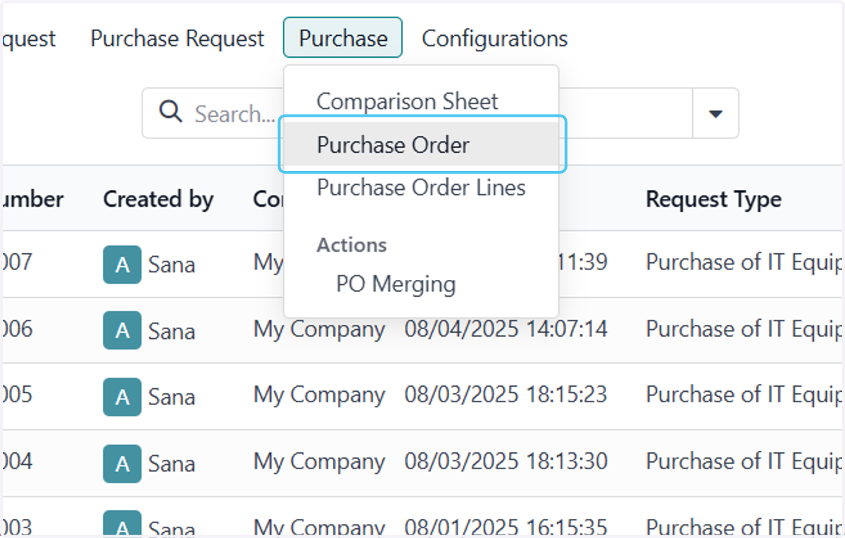 Click on Purchase Order