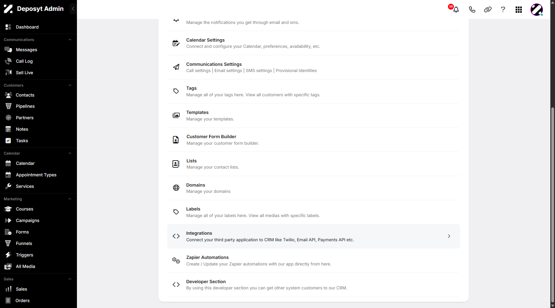 Step 3: You will then be taken to the Settings page. Scroll down and click on Integrations to continue.