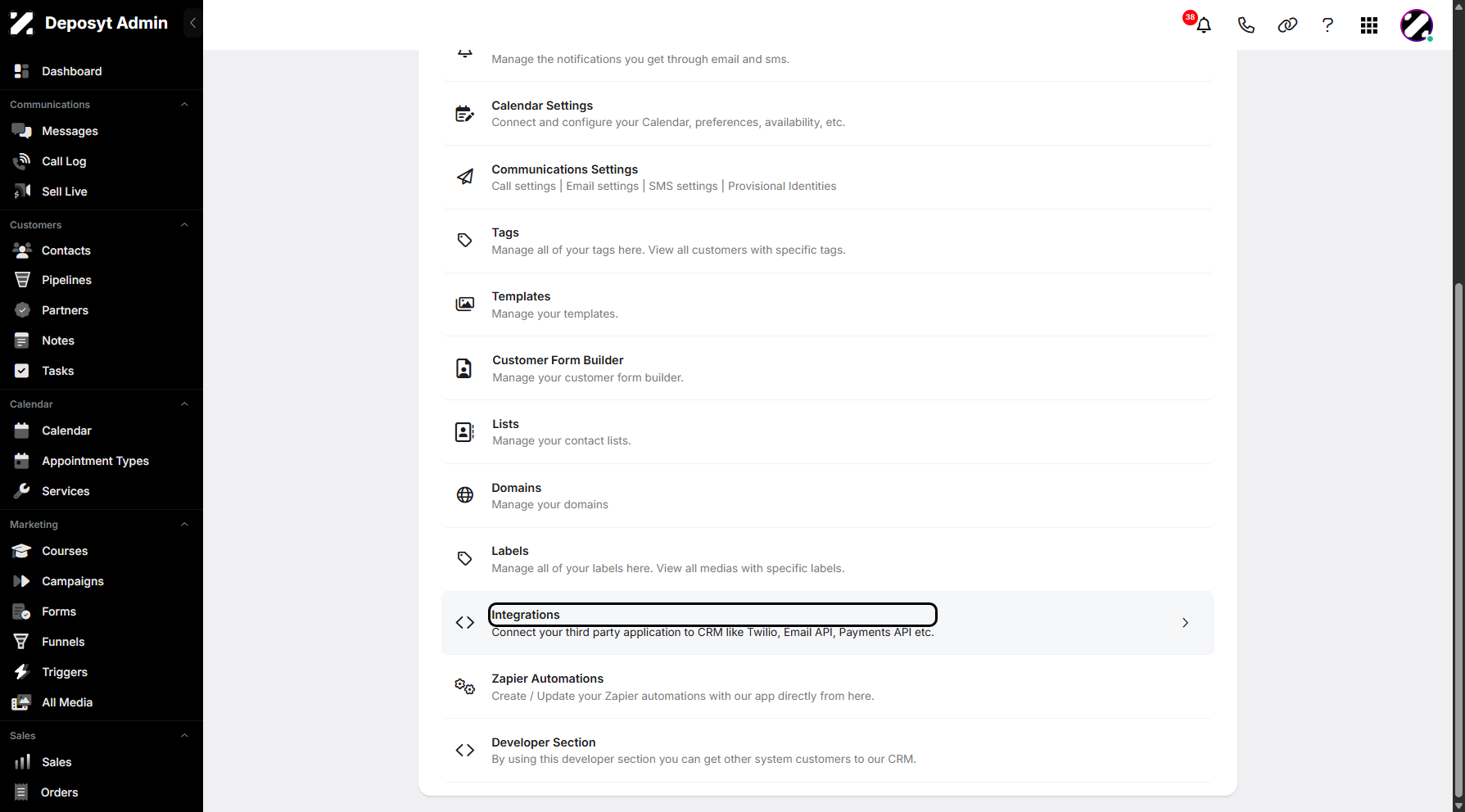 Step 3: You will then be taken to the Settings page. Scroll down and click on Integrations to continue.