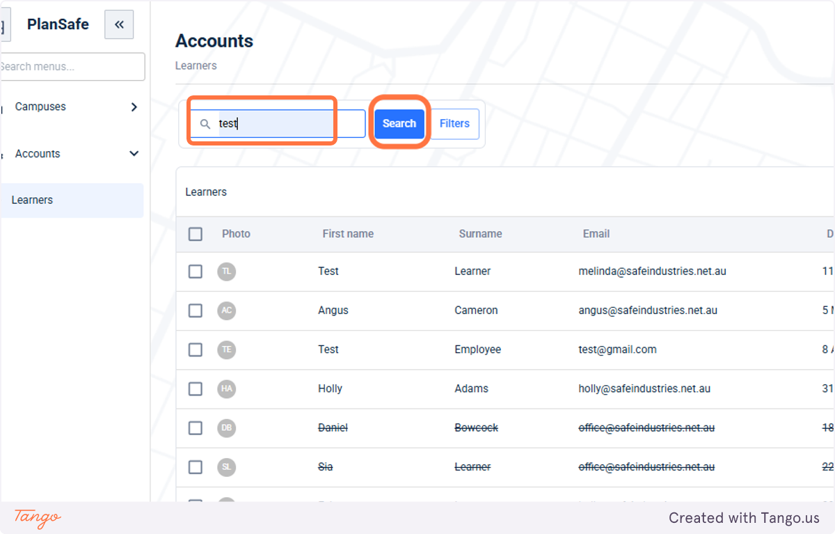 Search for the learner by First or Surname and click Search