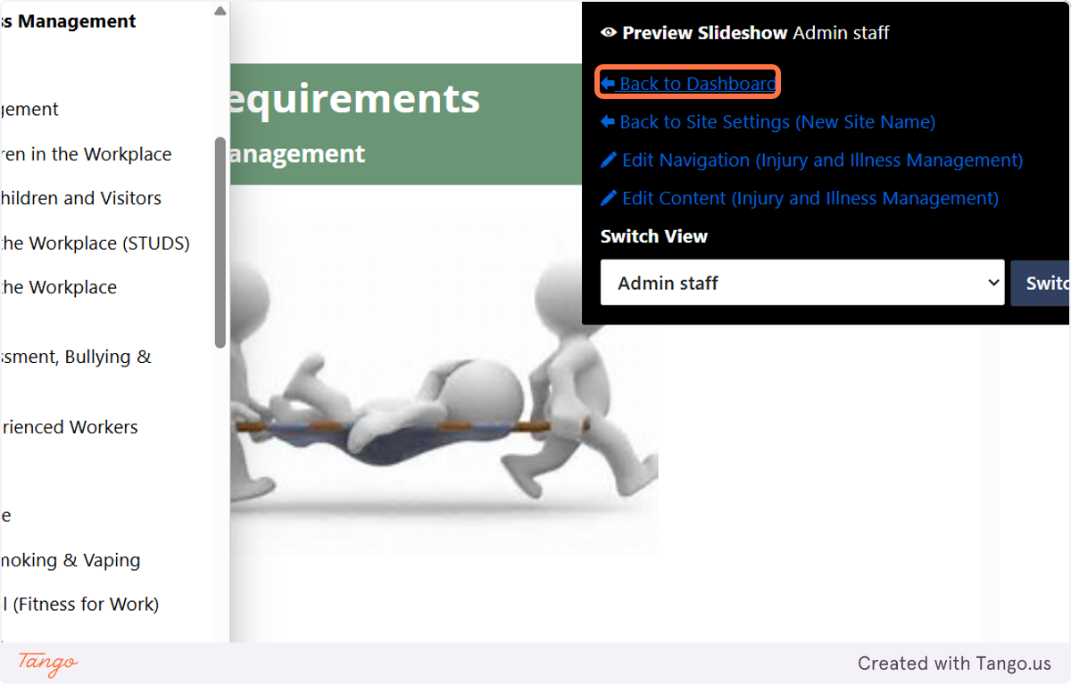 Click on back to dashboard