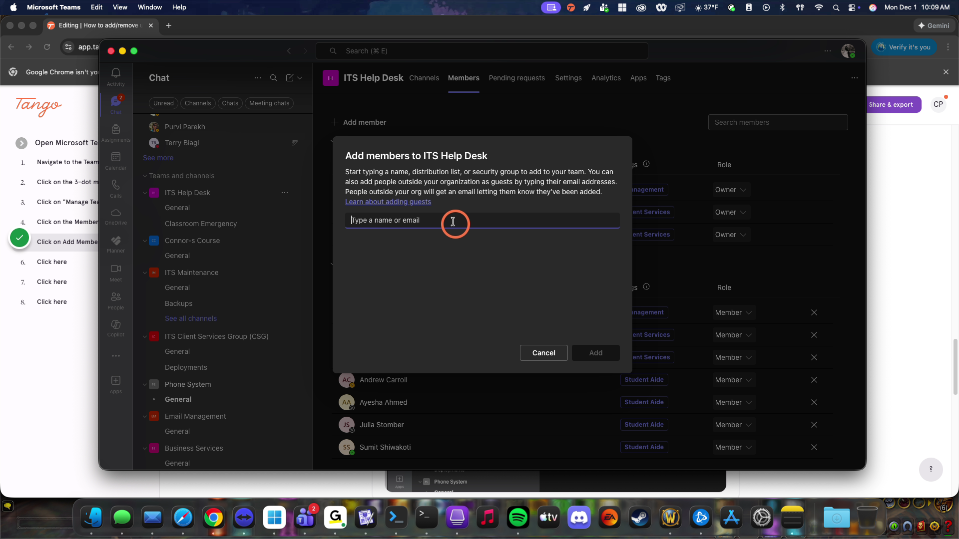 Enter users to add to the Team