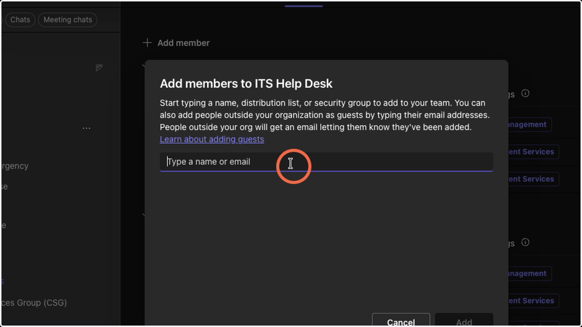 Enter users to add to the Team