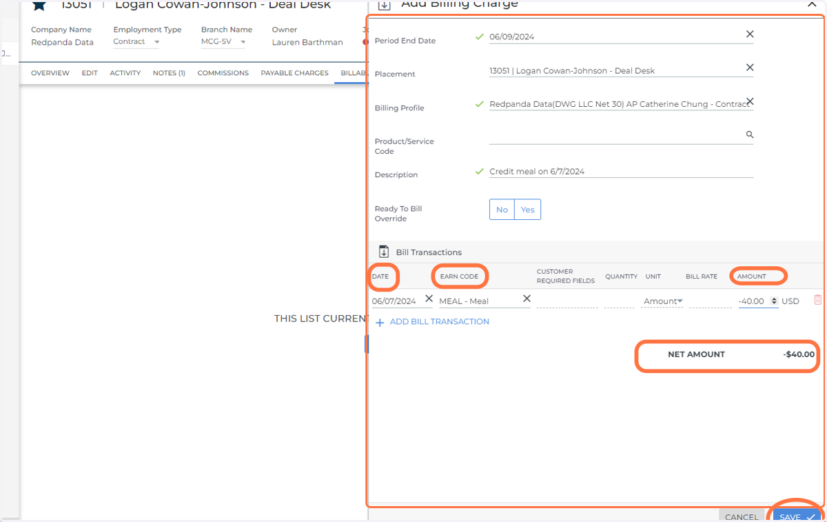 Fill out all lines applicable under "Bill Transactions"