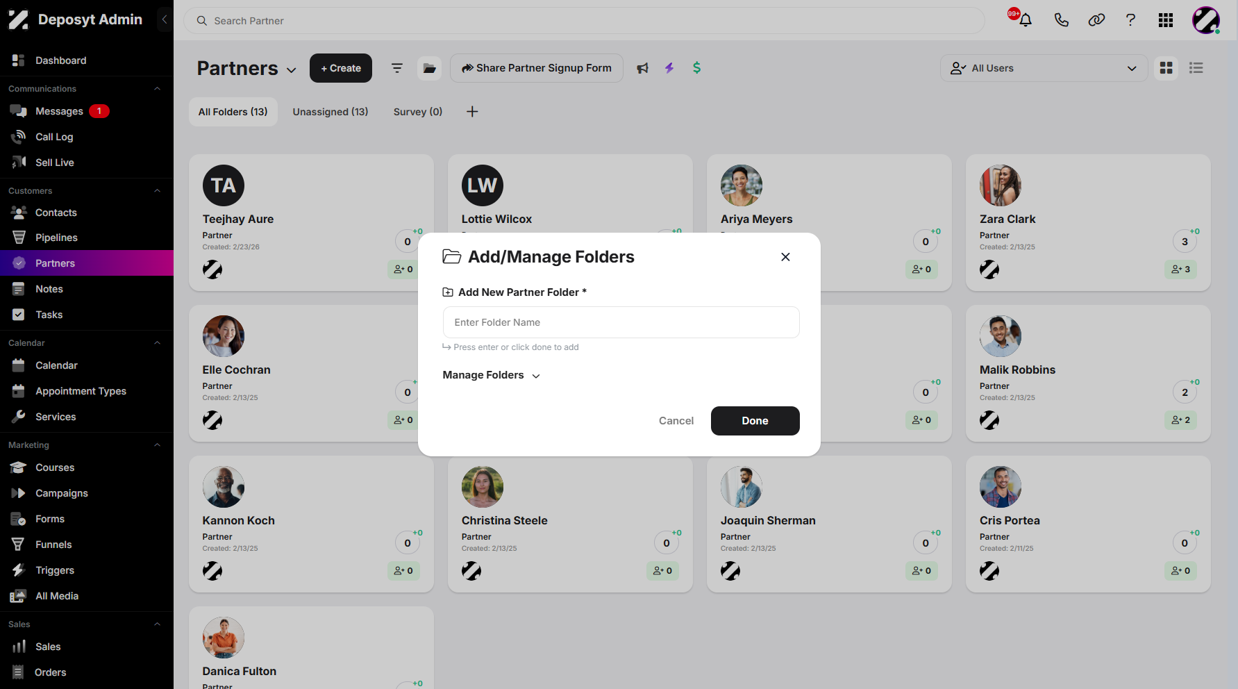 Step 6: To access and manage your existing folders, click the Manage Folders dropdown menu.