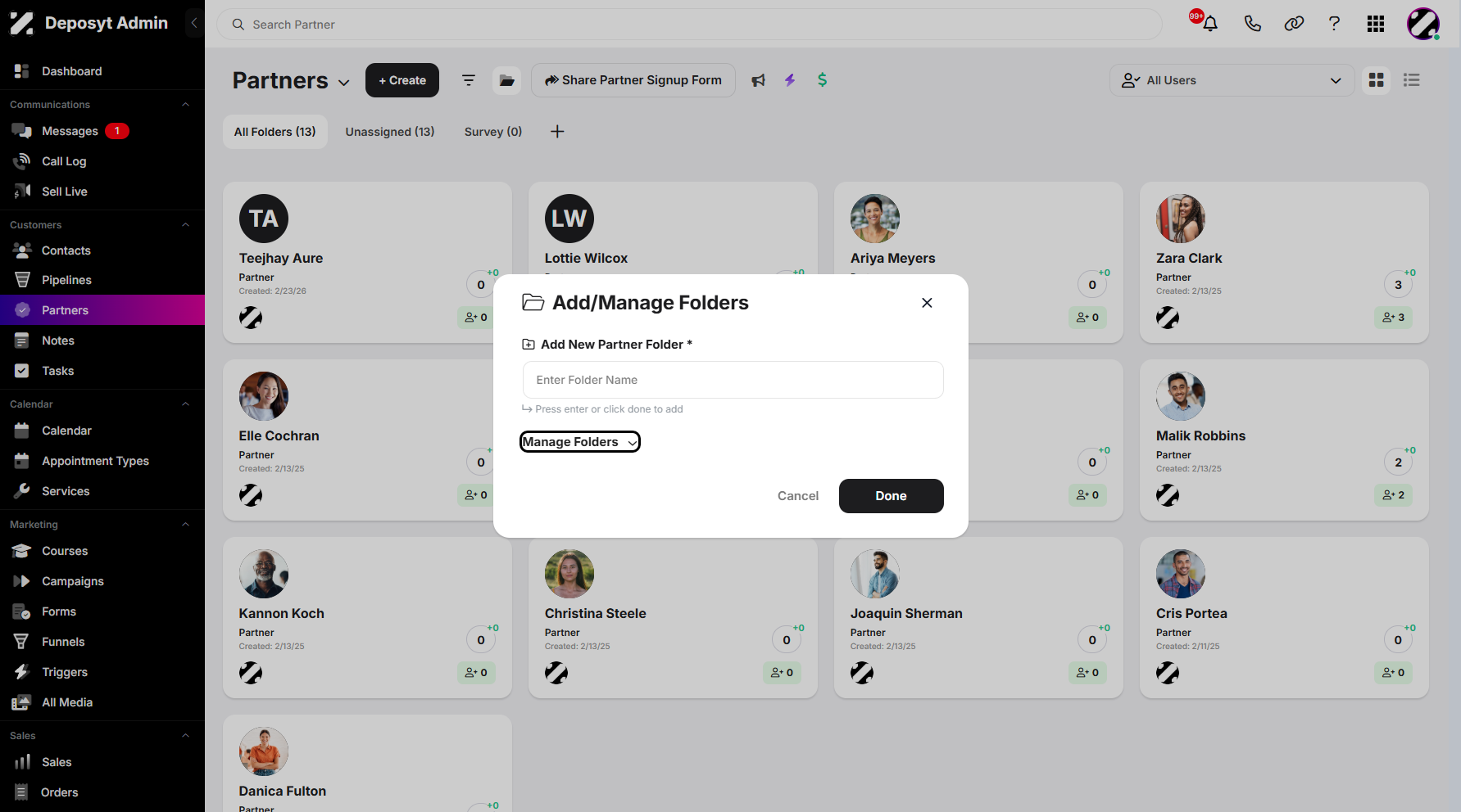 Step 6: To access and manage your existing folders, click the Manage Folders dropdown menu.