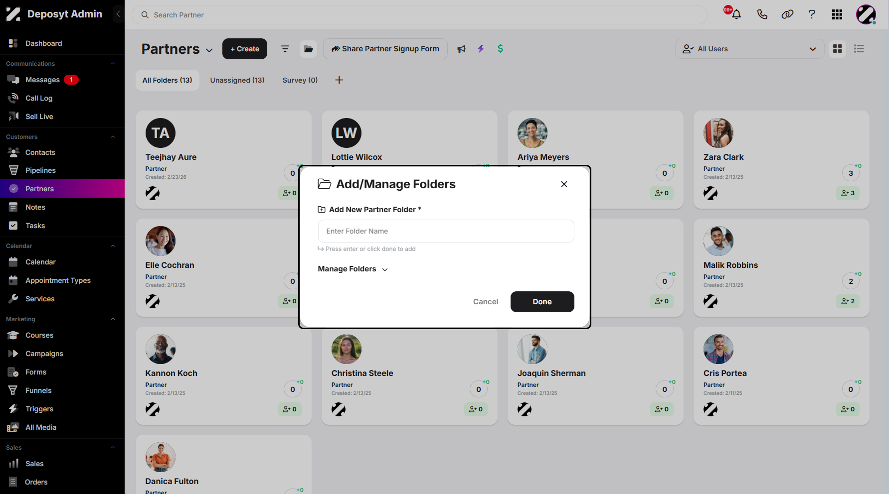 Step 5: A pop-up window will appear where you can add a new partner folder or manage existing ones.