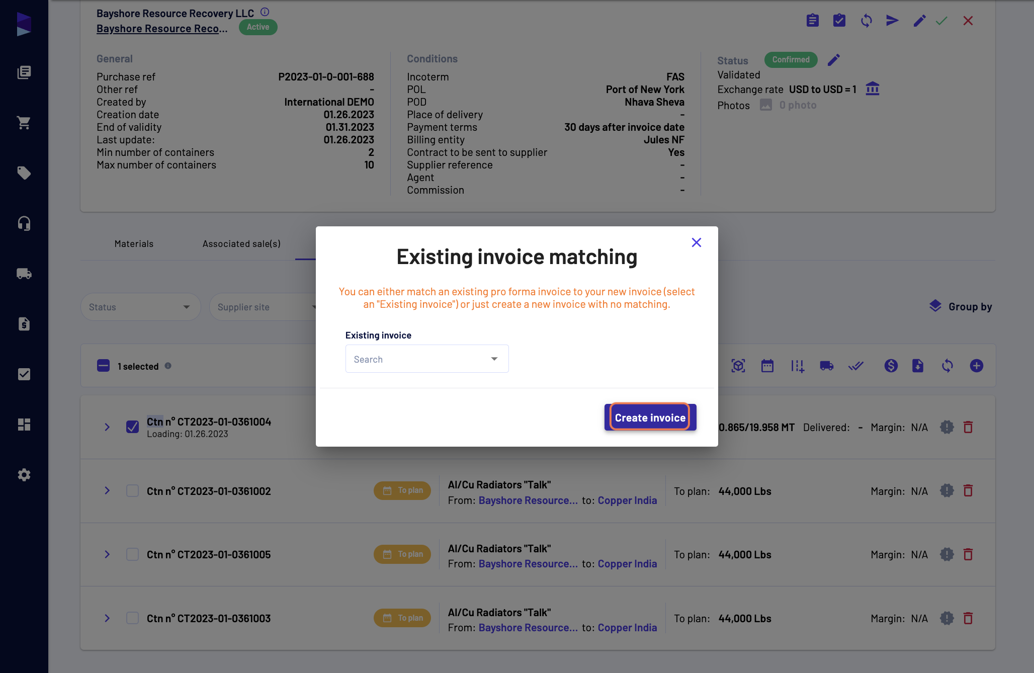 In the modale, in you select if you want to attach this commercial invoice to an existing invoice, for instance a Pro forma invoice. In our case, we will not do it