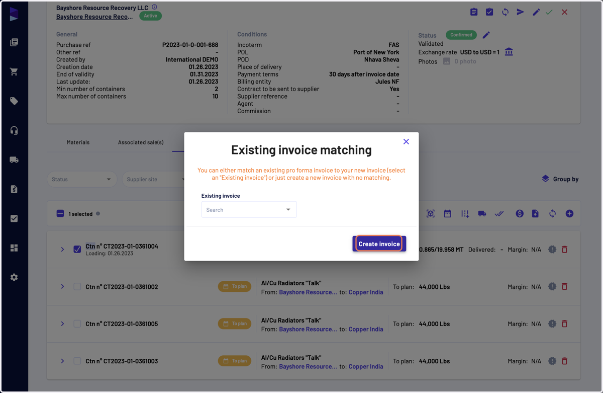 In the modale, in you select if you want to attach this commercial invoice to an existing invoice, for instance a Pro forma invoice. In our case, we will not do it